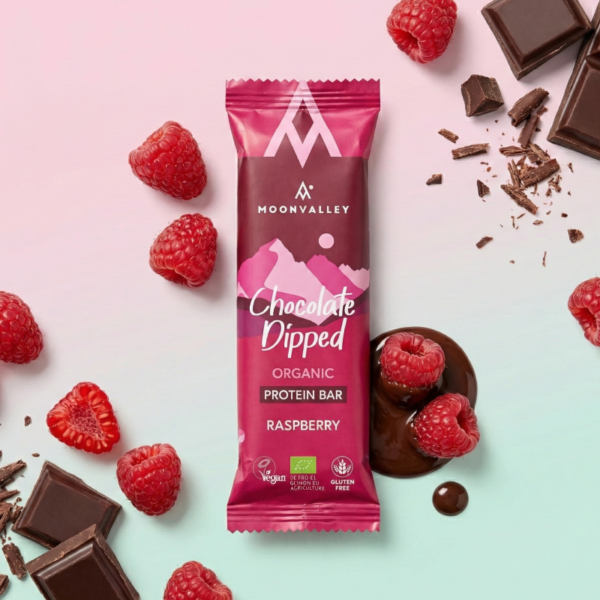 Moonvalley Proteinbar Sjokolade & Bringebær 50g Økologisk 1003578 Sykkelopplevelser AS 1