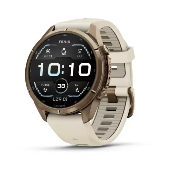 GARMIN fenix® 9 Pro – 43mm Gulloker titan med kremfarget/fransk grå silikonrem LEVERING FRA 1.11